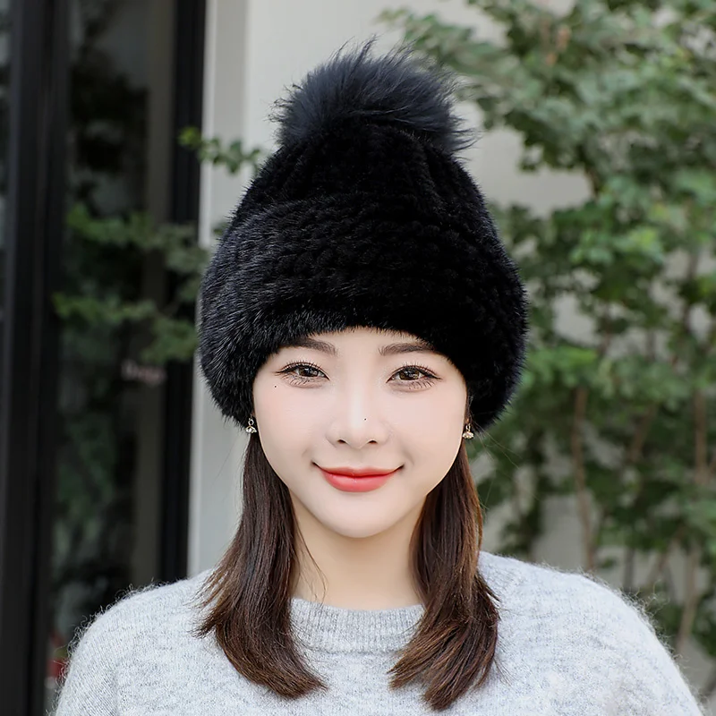 Women Cenuine Real Natural Knitted Mink Fur Hat Fashion Winter Warm Women Knit Caps Mink Hats With Fox Fur Vertical Woven Top