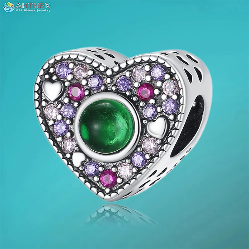 

Ahthen 925 Sterling Silver Hot Sale Beads Shining Hear Dangle Charm fit Snake Chain Bracelets Necklaces for Women Jewelry Making