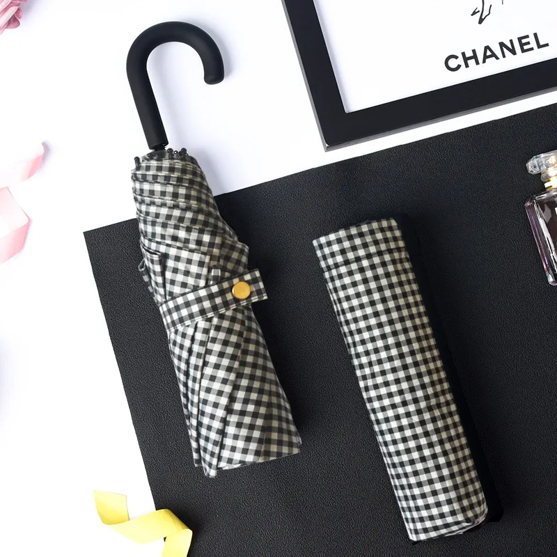 Plaid Printed Curved Handle Folding Sun Umbrella for Men and Women Three-fold Sun Protection and Shade Umbrella