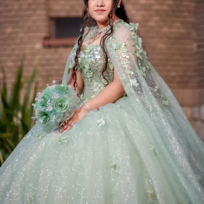 

Customized Shiny Mint Green Quinceanera Dresses Off the Shoulder sequin applique flower Long tail Vestido 15 Quinceanera