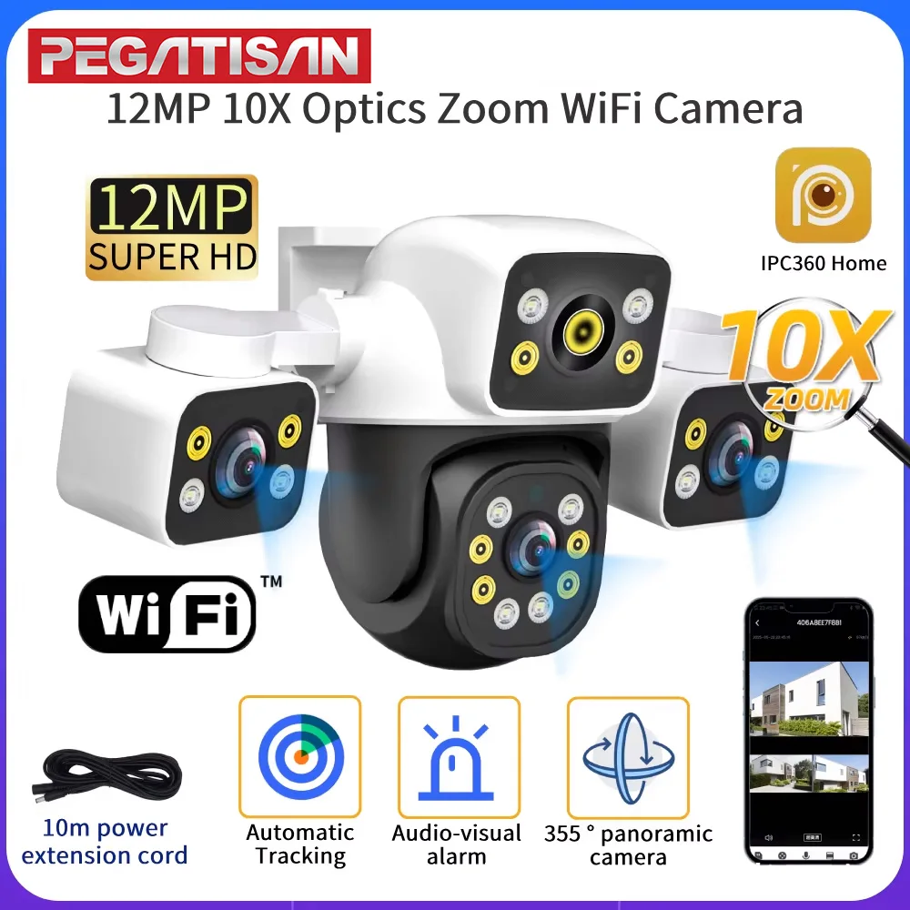 

12MP 10X Zoom Outdoor WiFi Camera Three Screen Three Lens PTZ Automatic Tracking Audible Visual Alarm Security Camera