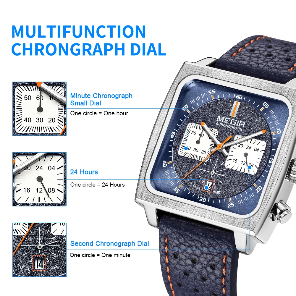 MEGIR Fashion Men Business Watches Chronograph Leather Strap Sport Military Wristwatch Luminous Clock 24-hour Reloj Hombre 2182
