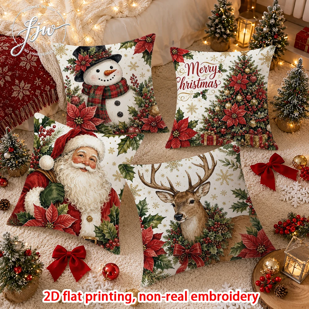 4pcs Christmas Pillow Covers Vintage Xmas Snowman Santa Reindeer Tree Holiday Decorative Throw Pillow Cases for Home Sofa Couch