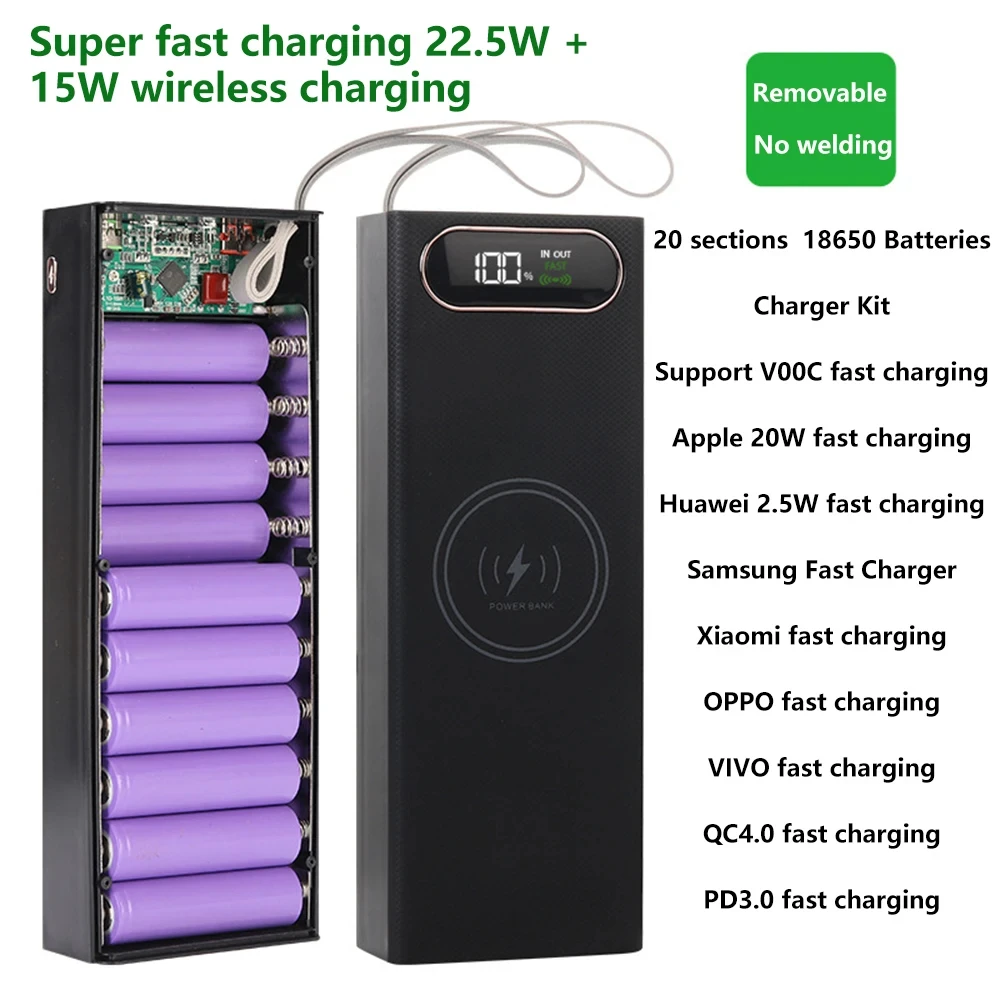 20*18650 Detachable Power Bank Case 22.5W PD QC3.0 Quick Wireless Charging DIY Shell With LED Lighting 18650 Battery Storage Box