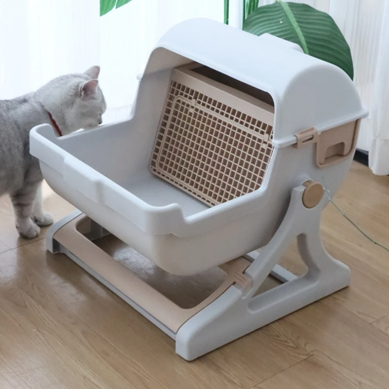 Eco Friendly Semi Automatic Extra Large Cat Litter Box Spacious Base Anti Splash Open Cat Toilet Cats Can Turn Around Randomly
