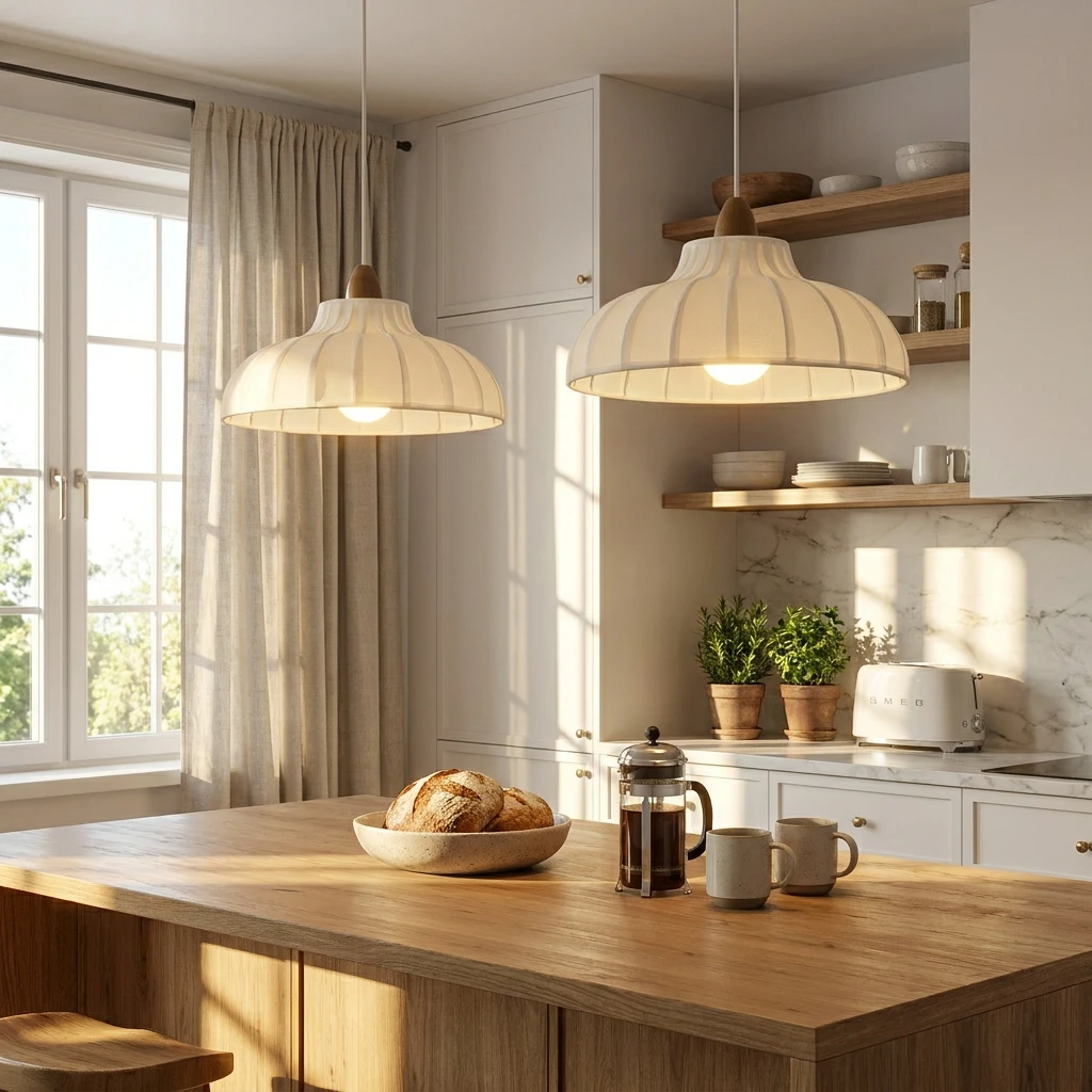 

Vintage Pleated Fabric Pendant Light Mid-century Cream Chandelier for Bedroom Dining Room Kitchen 2 3-Heads Walnut Hanging Lamps