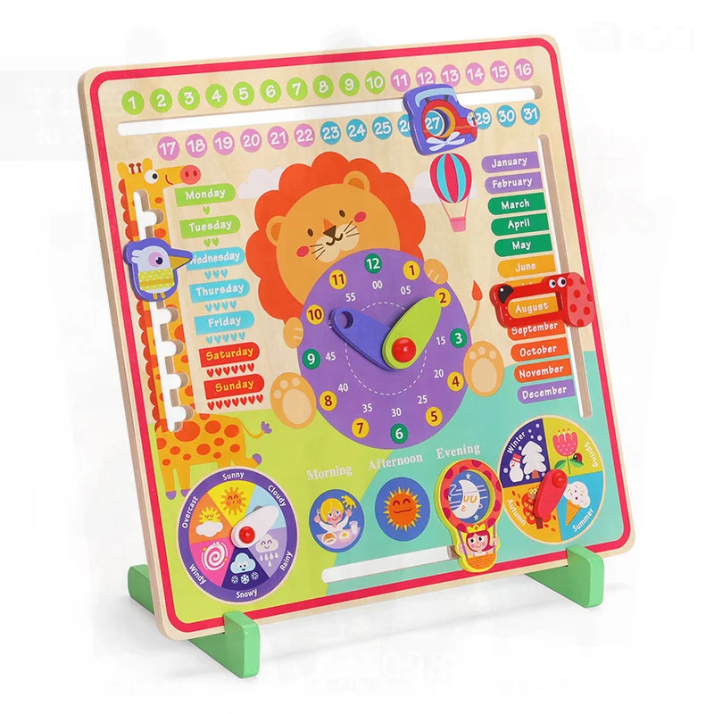 Orologio da calendario multifunzionale in legno educativo per bambini Giocattolo Montessori per la cognizione del tempo Apprendimento dell'asilo e