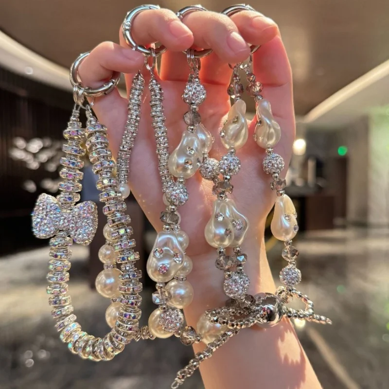 Llaveros con cuentas de cristal y perlas de lujo, cordón con diamantes de imitación para Iphone, Samsung, accesorios universales, joyería, colgante antipérdida