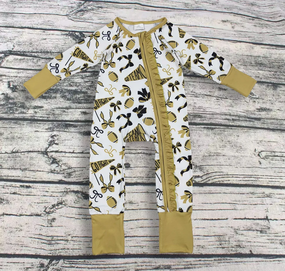 

Wholesale Infant Children Long Sleeves Girl Zipper Footie Romper Kids Bows Pajamas Clothes Toddler Newborn Coverall Bodysuit