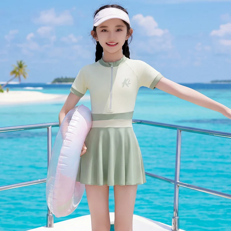 Teen Girl Swimwear Skirted One-Piece Swimsuit Short Sleeve Swimdress Children Boyshort Quick Dry Bathing Suit Girls Beach Pool