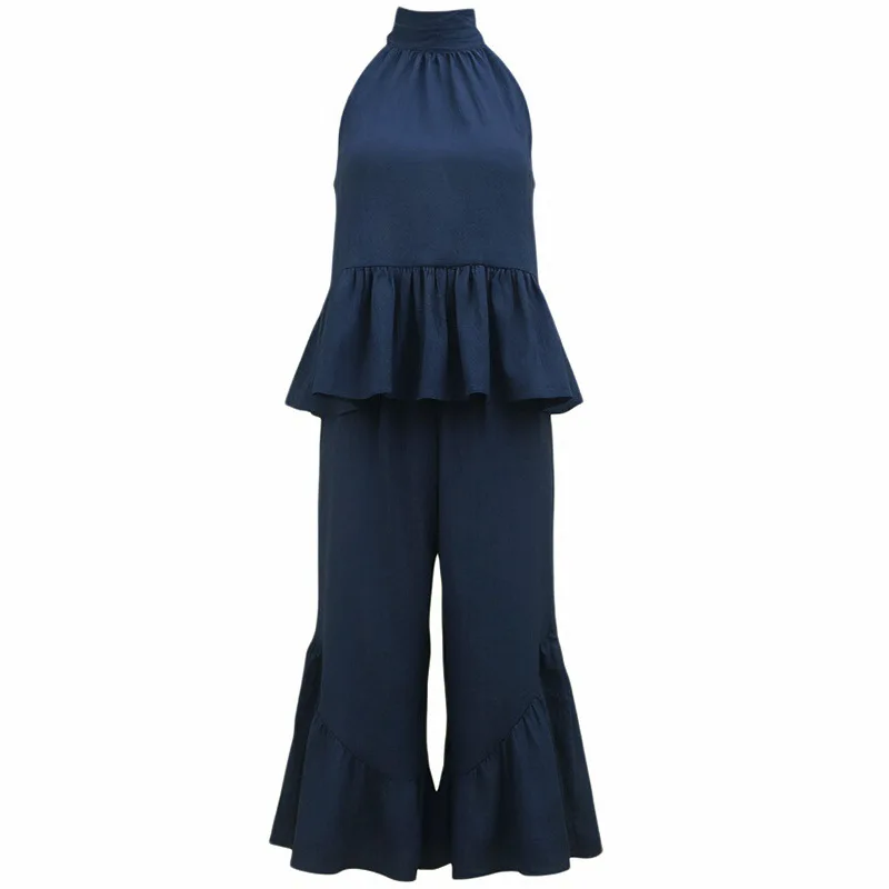 Greenora LN1983 Cross-border European And American French Retro Neck Hanging Sexy Backless Splicing Ruffle Edge Vest Cropped Pan