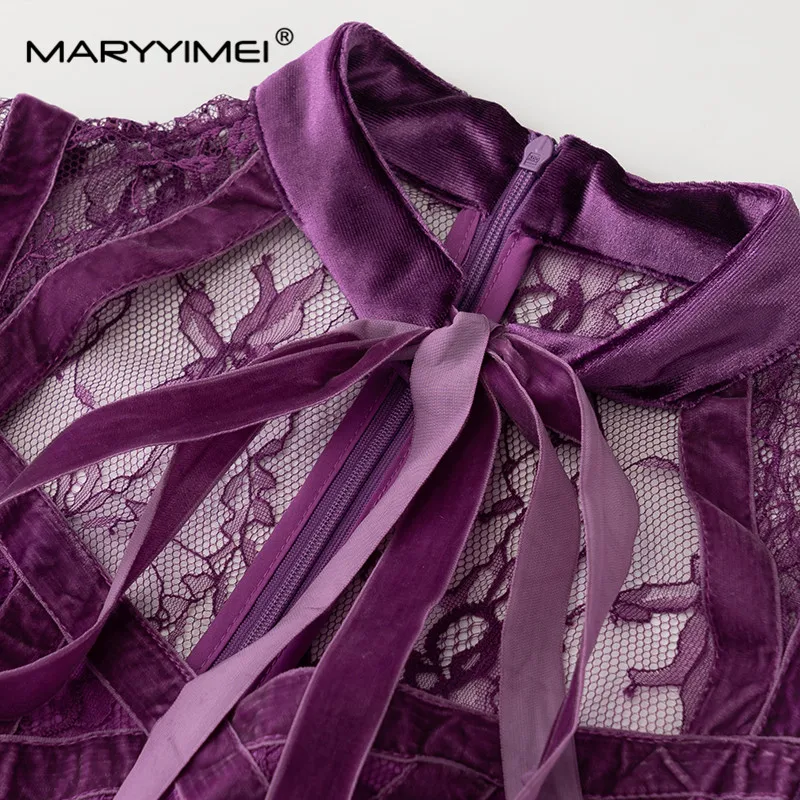 Imagem -04 - Maryyyimei-vestido Feminino com Renda Gola Quadrada Gaze Oca Manga Longa Patchwork Estilo Retro Roxo Novo Estilista de Moda