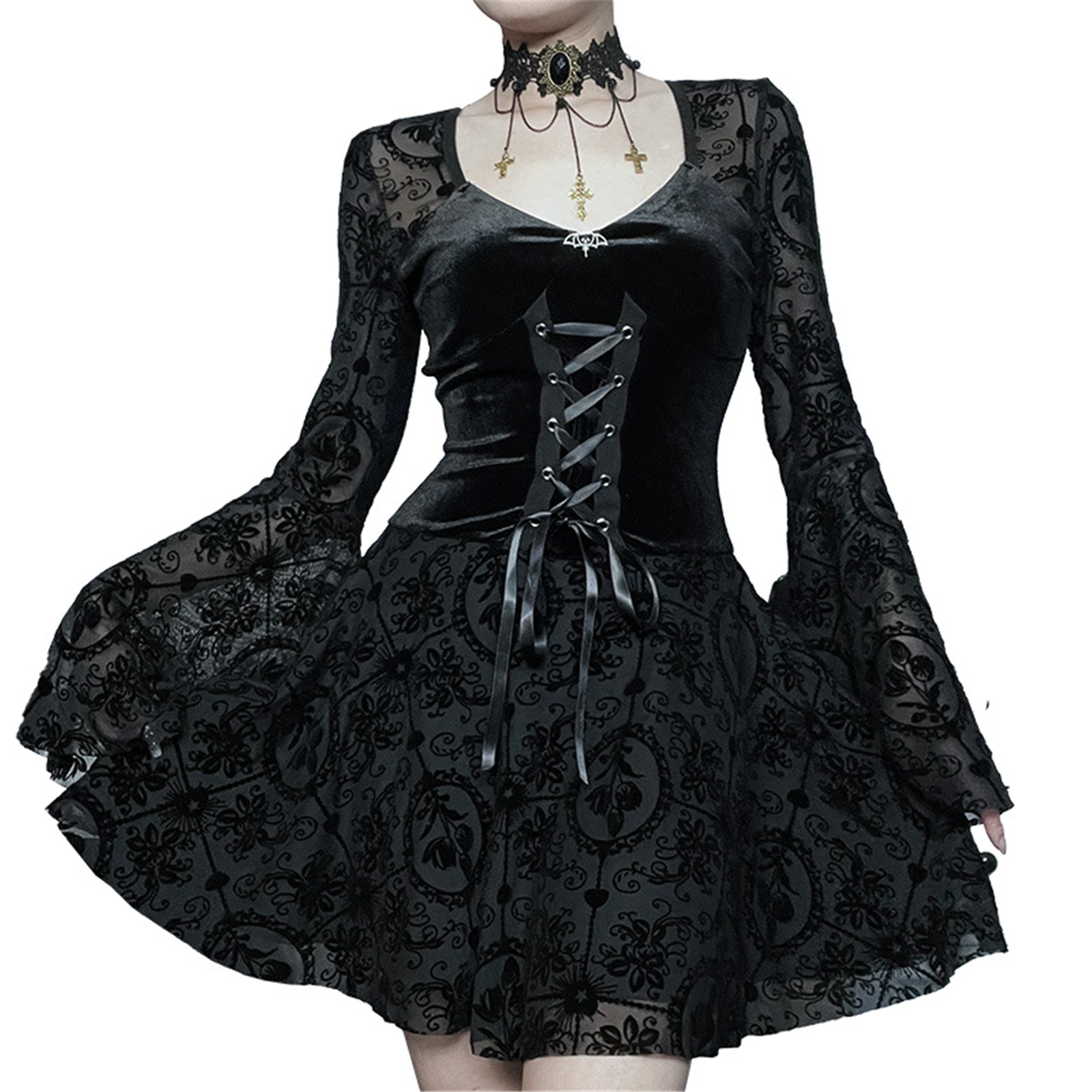 

Women Lace-up Gothic Witch Halloween Costume Bell Sleeves Dress Lolita Cosplay Costume