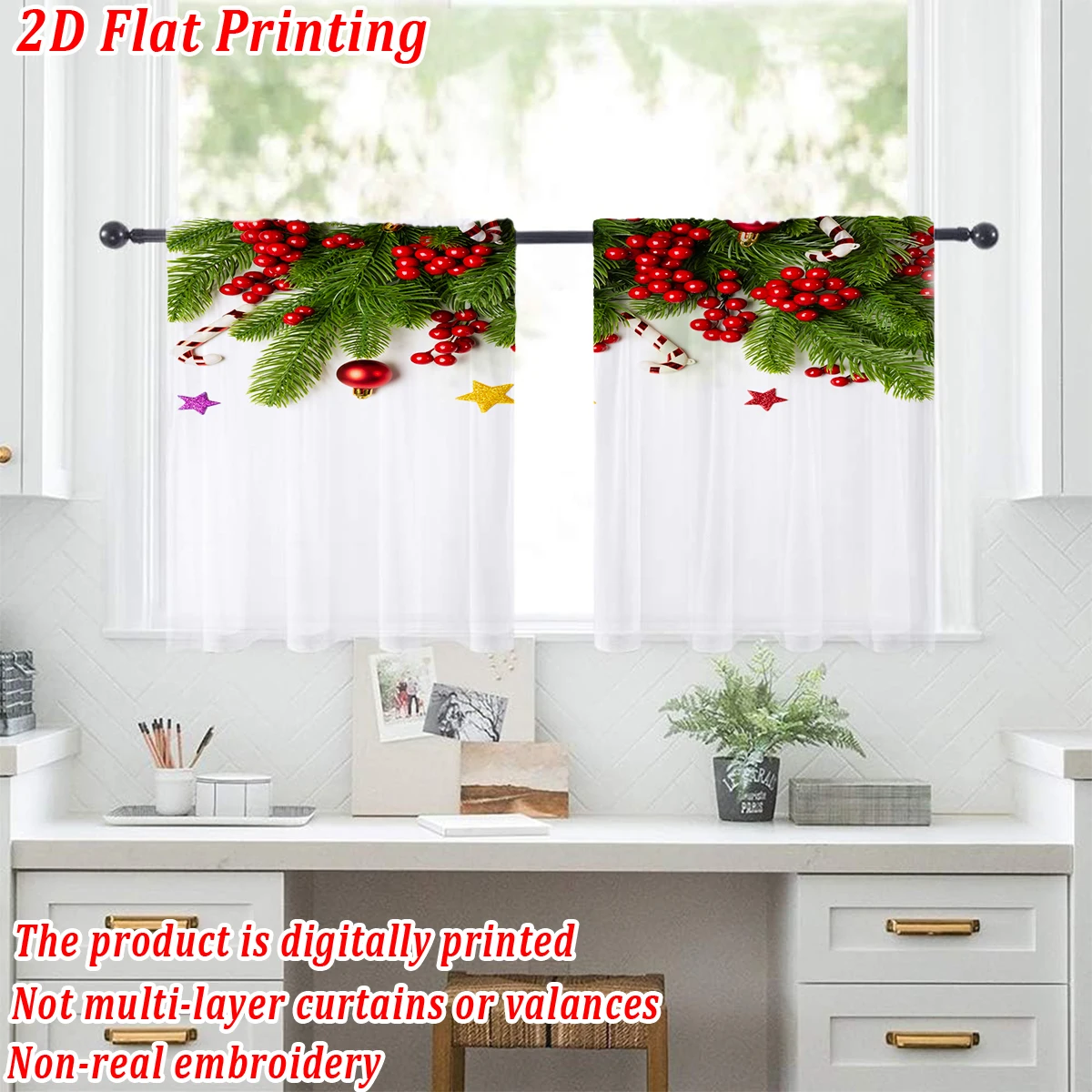 ستارة شفافة للمطبخ بطباعة مسطحة لعيد الميلاد مع فرع صنوبر بيري عيد الميلاد المجيد لحفلات ديكور المنزل في عيد الميلاد #2