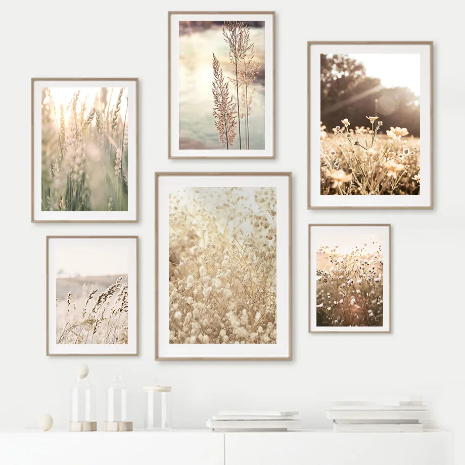 Autumn Flower Sunrise Nature Landscape CanvasPainting Poster Print Green Grass Scandinavian Style Wall Art  Nordic Picture Decor