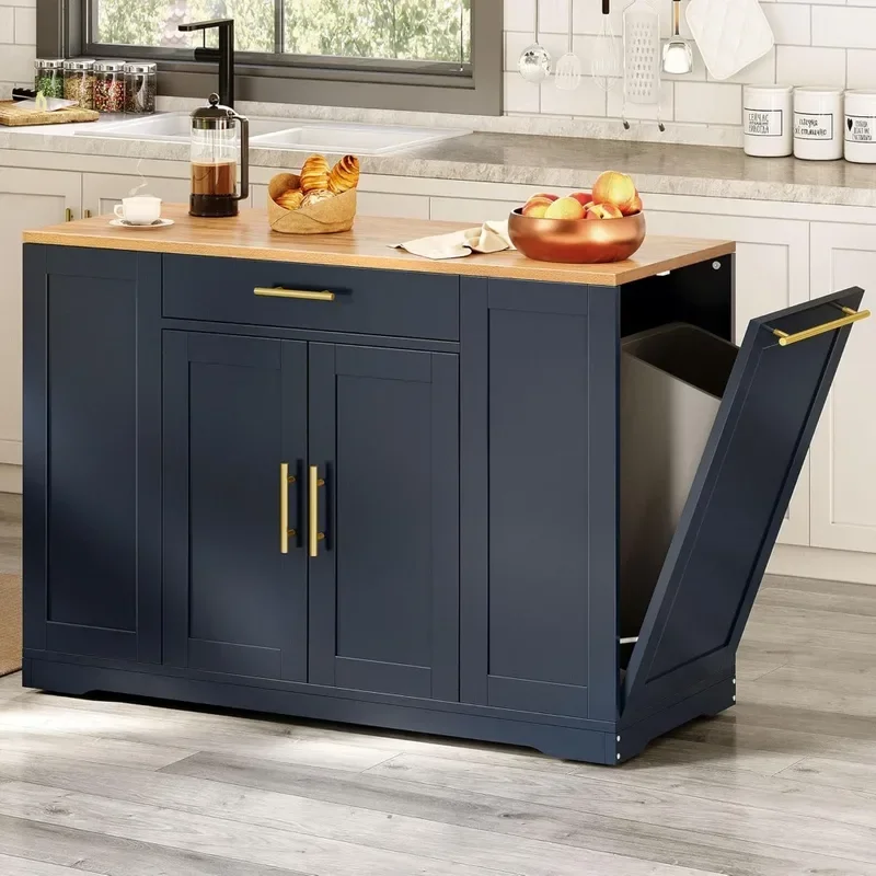 Large Rolling Kitchen Island with Trash Can Storage Cabinet, Portable Mobile Islands Table Long Floating Movable, Navy Blue