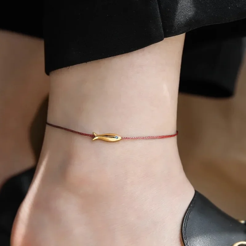 Red String Fish Ankle Adjustable Bracelet for Women Cute Fish Blue String Foot Chain Handmade Jewelry Minimalist Ethnic Jewelry