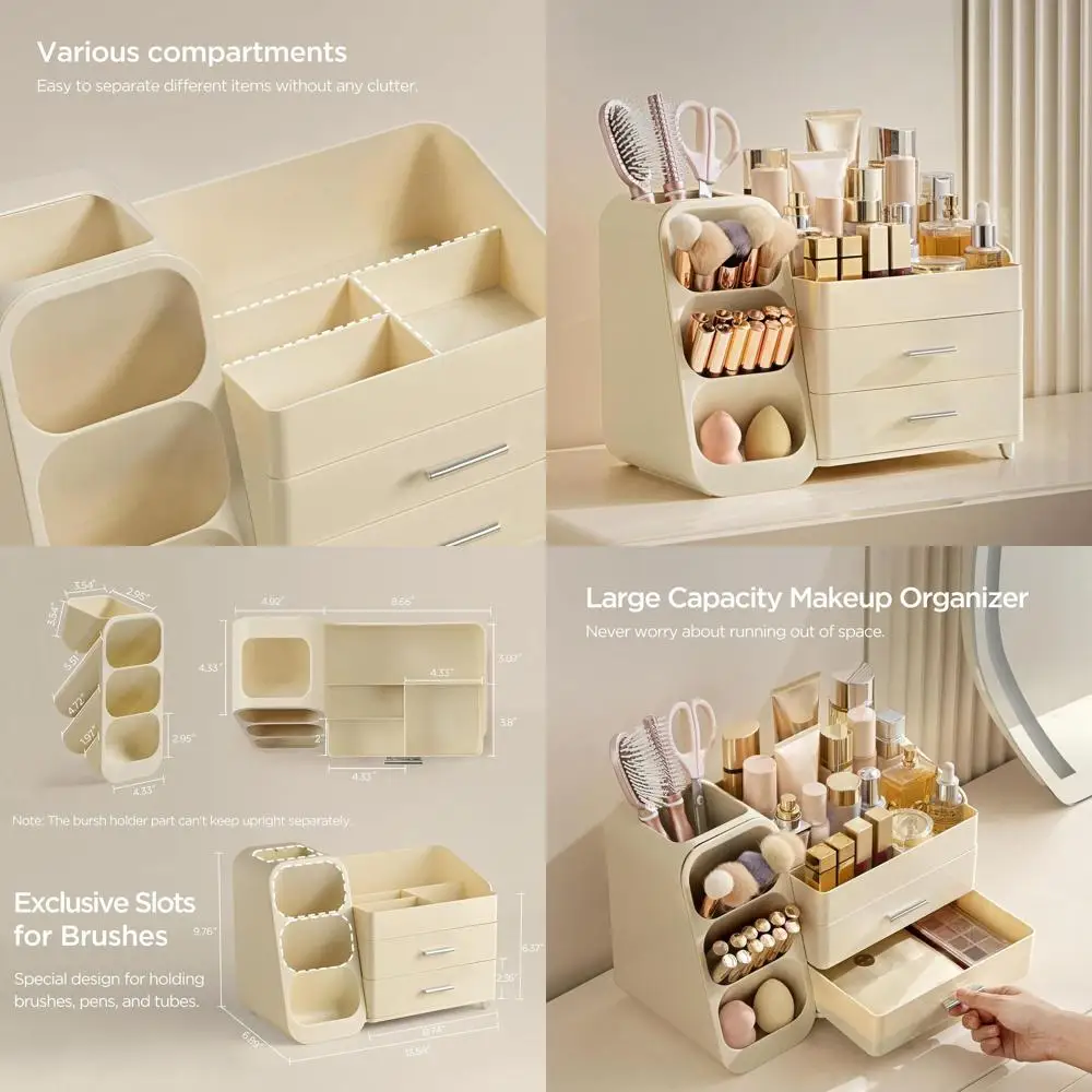 

Large Beige Vanity Makeup Organizer with Brush Holder and Skincare Storage