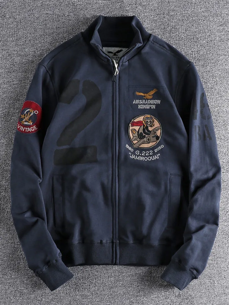 

Vintage Embroidery Baseball Coat Men Zip Hoodies Spring Autumn Cardigan Sweatshirt Retro Terry Cloth Sports Casual Jacket