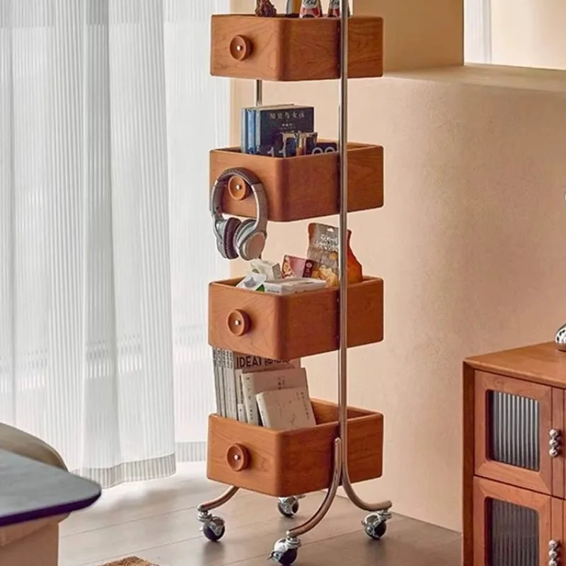 Solid wood edge, retro creative floor edge, four-layer mobile storage cart with wheels