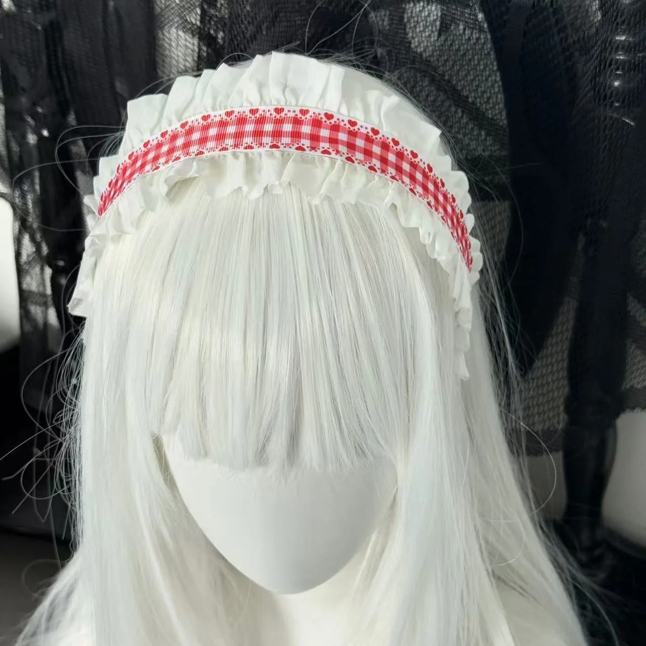 1Pcs Frauen Süße Spitze Herz-förmigen Grid Muster Lolita Stirnband Kopfschmuck Maid Cosplay Haar Zubehör Headwear Kopfschmuck