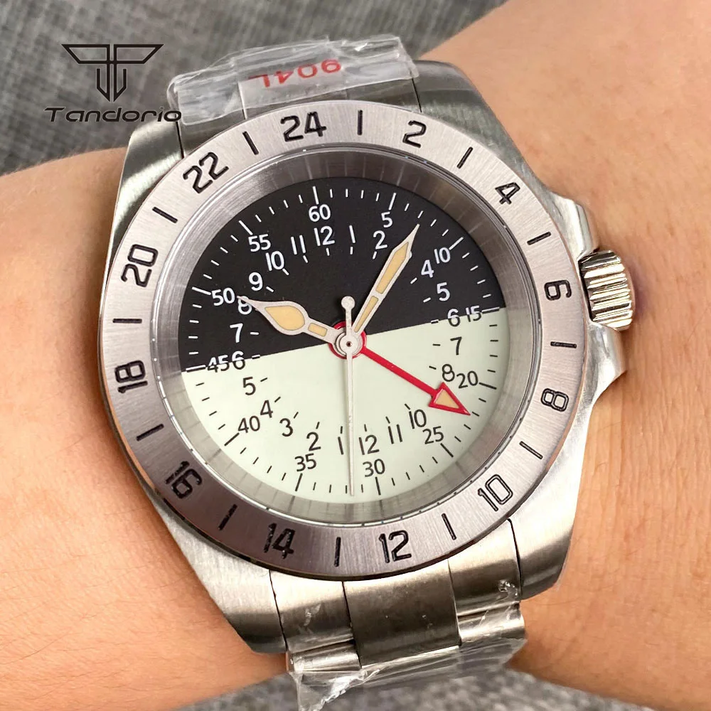 

Tandorio Automatic NH34 GMT Two Tone Dial Stainless Steel 39mm Men's Watch Sapphire 24H Bezel Waterproof Glide Clasp Green Lume