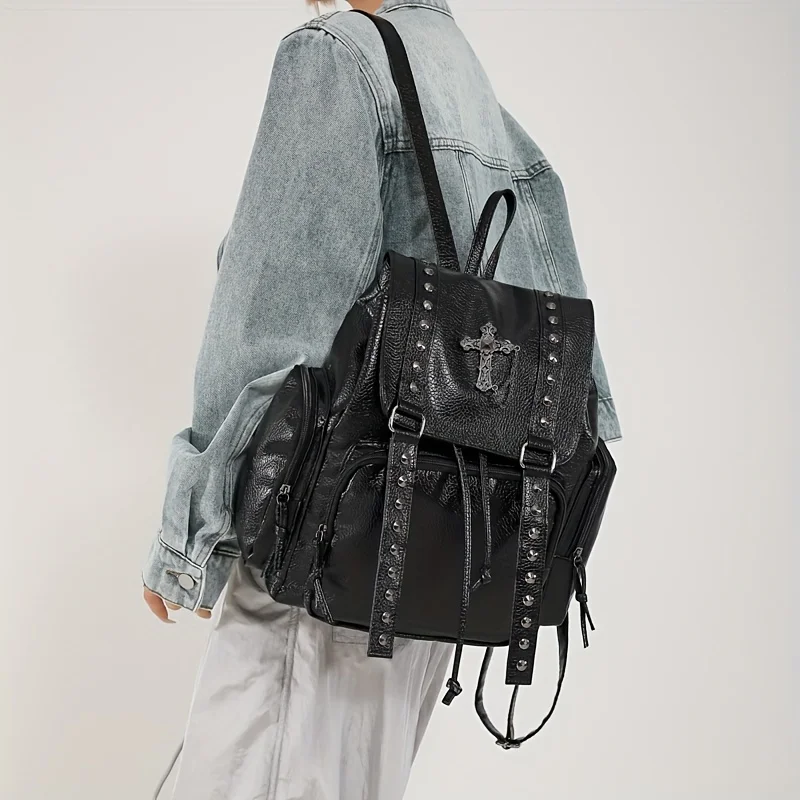 1pcs PU Backpack Soft Leather Large Capacity Bag Cross Ornament Drawstring Flip Shell Multi Side Pockets Store  Trinkets