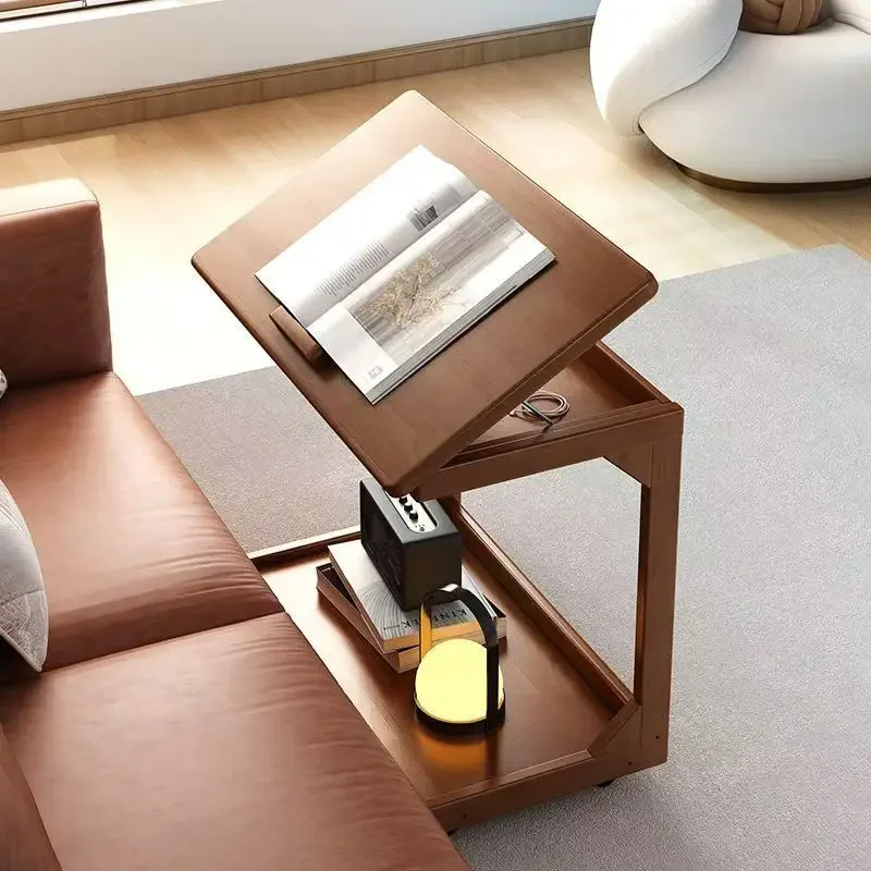 Small Movable Wooden End Table with Wheels Minimalist Nightstand for Sofa Bedside