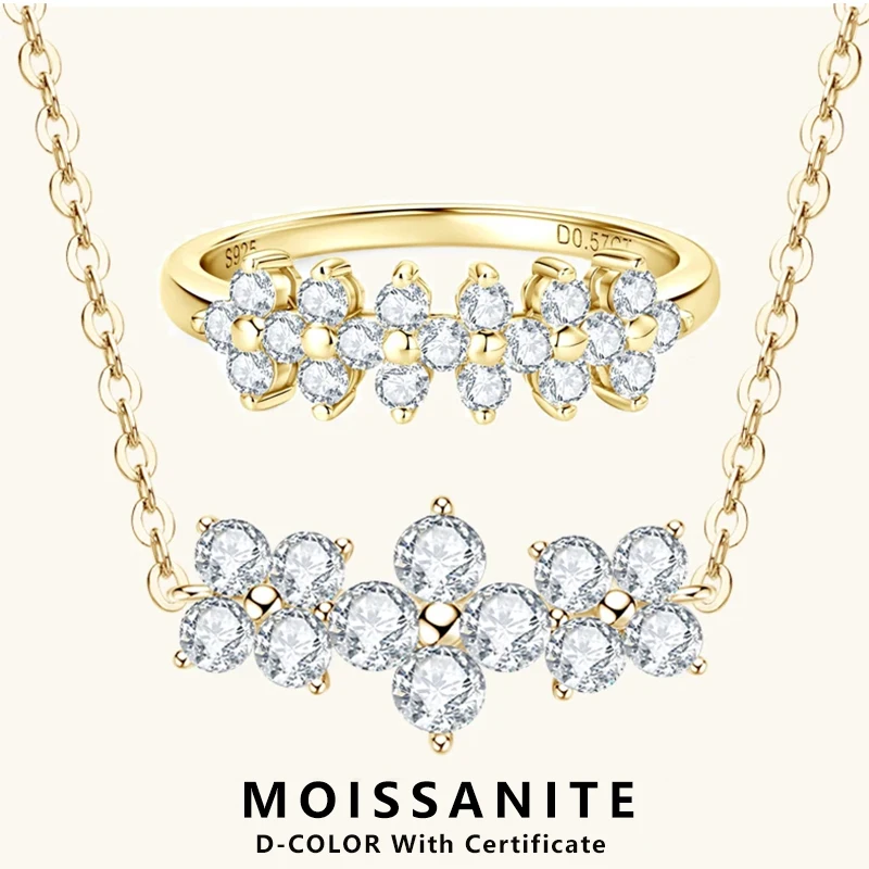 

Lnngy Certified Moissanite Ring Necklaces 925 Sterling Silver Cluster Flower Pendant Necklace Jewelry Set For Wedding Gift