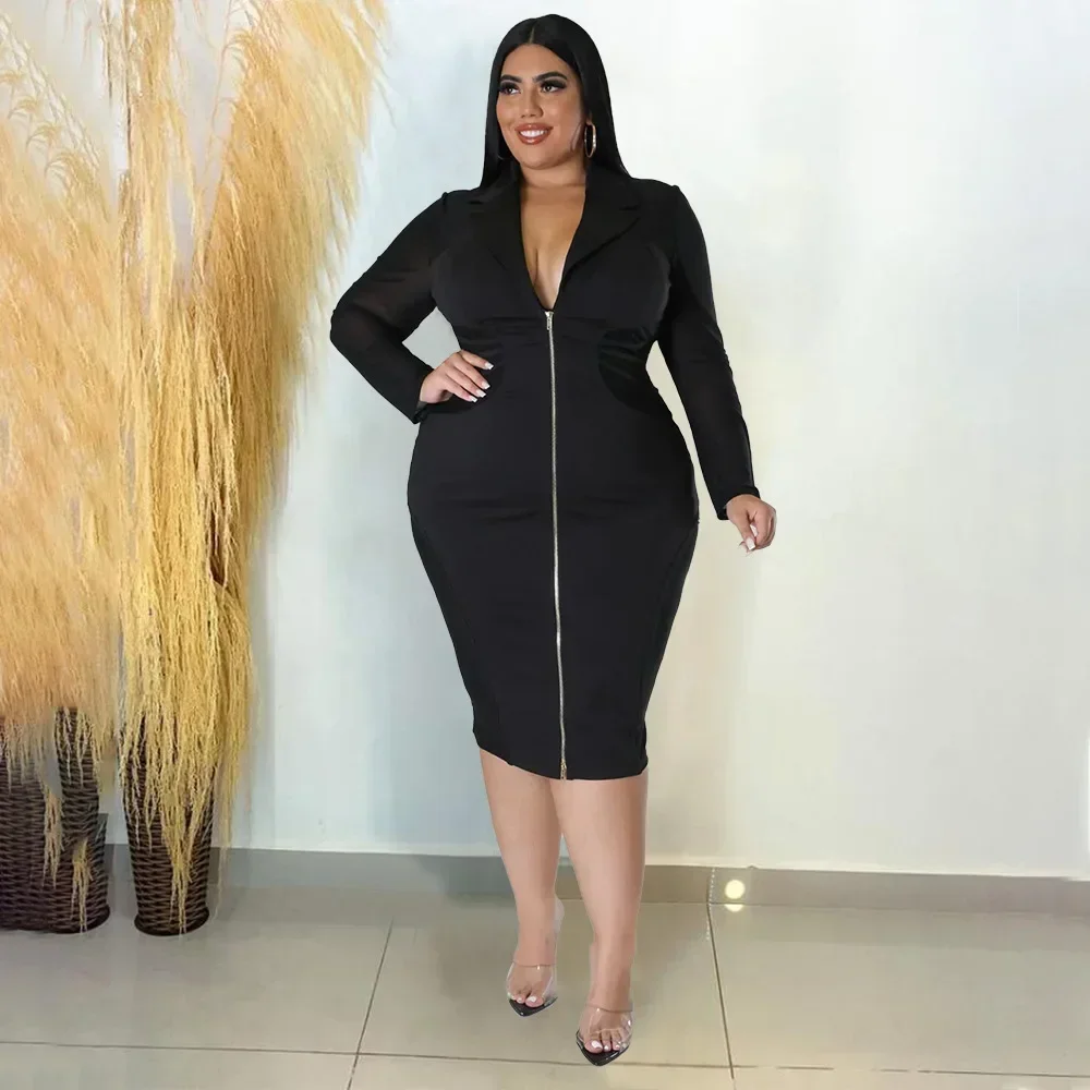 

GUWU плюс размер женское облегающее платье с глубоким v-образным вырезом и длинным рукавом на молнии сексуальное прозрачное сетчатое лоскутное клубное вечернее платье-карандаш