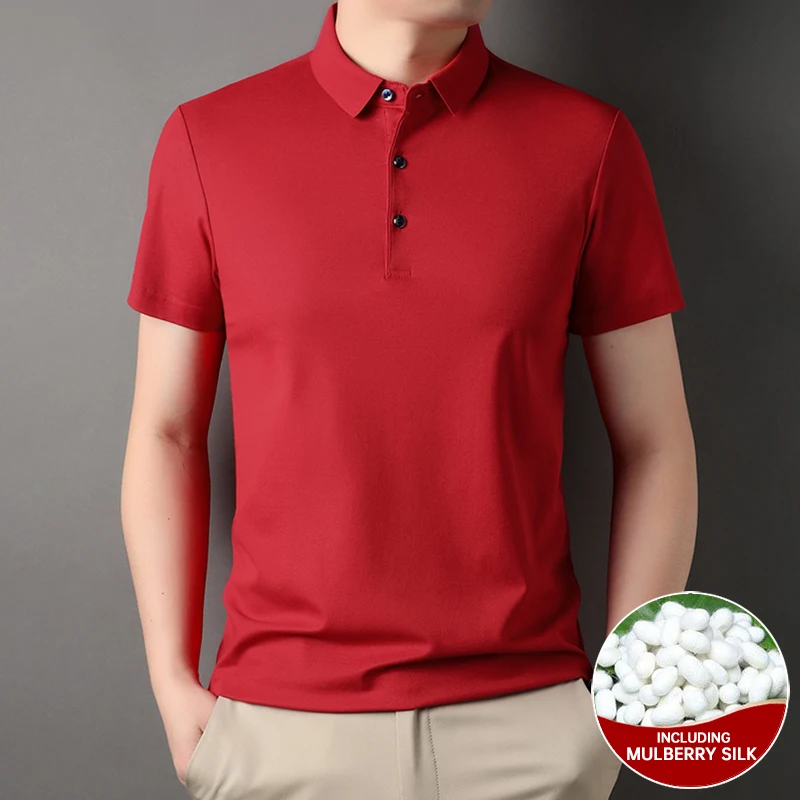 Top Grade 4.7% Mulberry Silk New Summer Brand Luxury Brand Polo Men Shirt Short Sleeve Plain Casual Tops Fashions Men Clothes