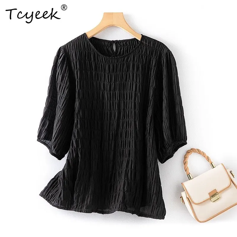 

Футболка Tcyeek из 93% шелка тутового шелкопряда, женская летняя одежда, элегантные футболки для женщин, черный топ с круглым вырезом, футболки с короткими рукавами, Camisa Mujer