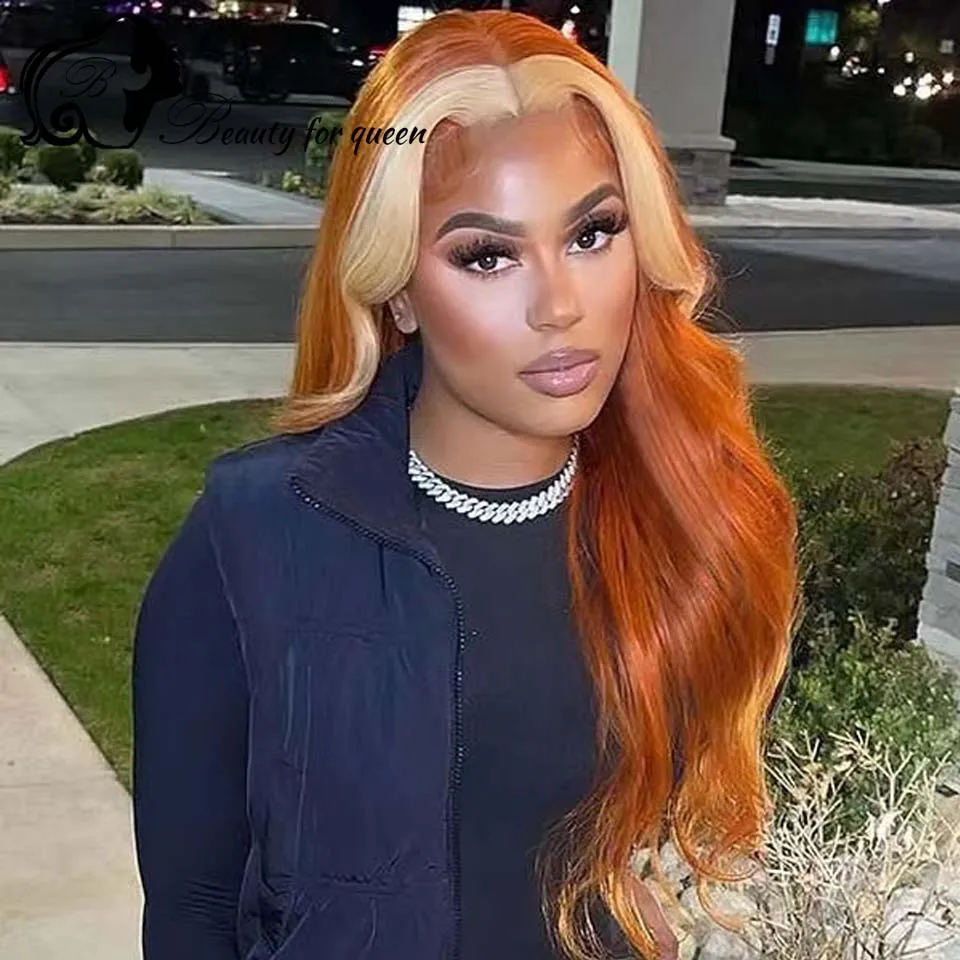 

Cosplay Omber 60 Orange Transparent 13x4 Lace Frontal Wigs 180 Density Colored Brazilian Human Hair Wig For Women High Quality