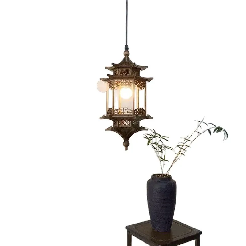 

Antique style ancient building hexagonal pavilion chandelier tea room zen restaurant lamp