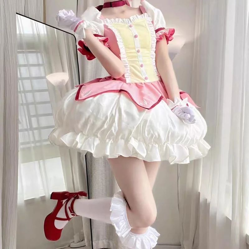 Kaname Madoka Cosplay Costume Wig Anime Puella Magi Madoka Magica Pink Dress Halloween Party Uniform Outfit for Women