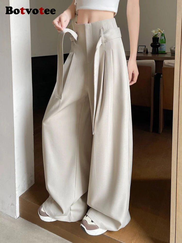 Botvotee, pantalones de traje elegantes de color caqui para mujer, pantalones de vestir de oficina con fajas, pantalones formales rectos de pierna ancha a la moda, color Beige y negro