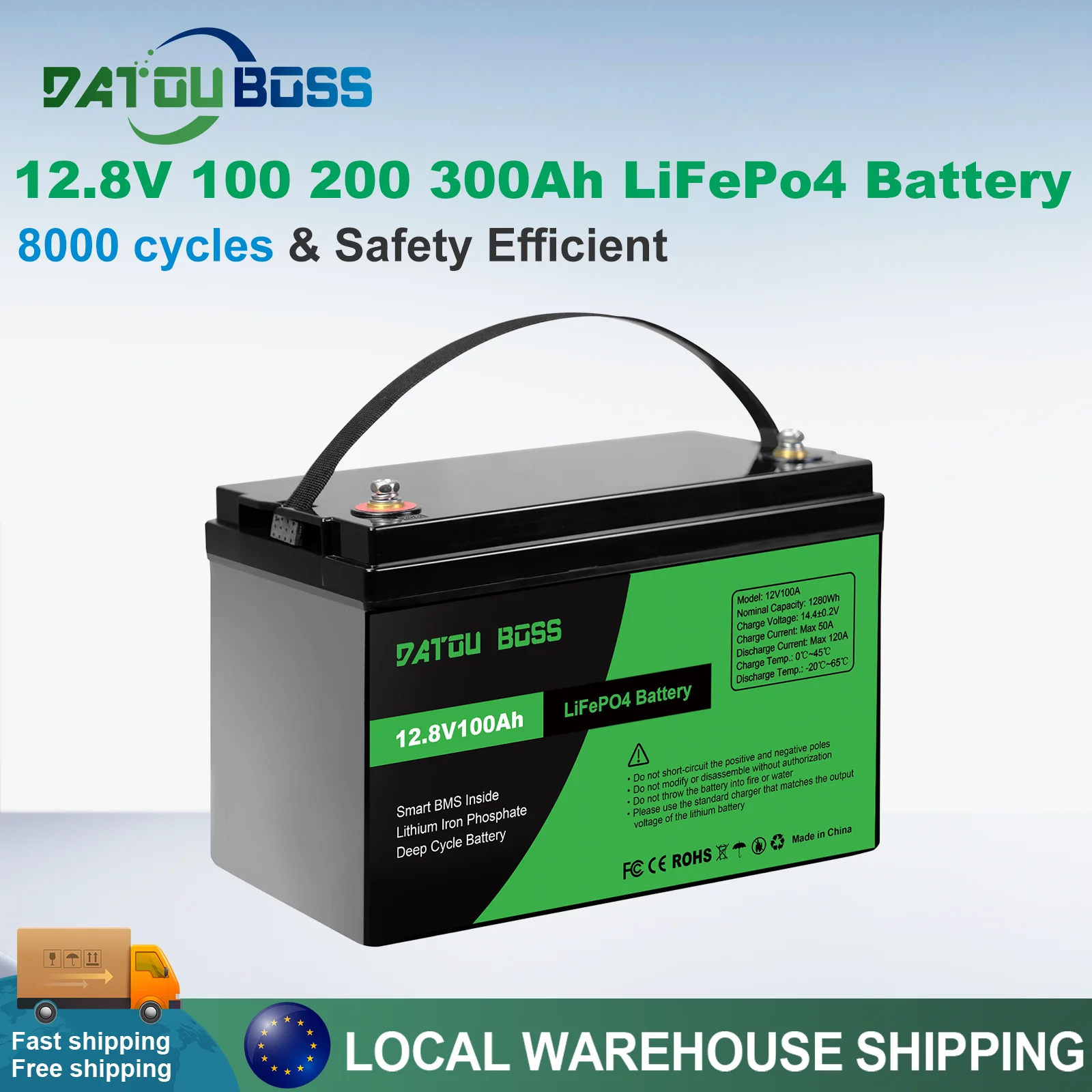DATOUBOSS 12V100Ah LiFePO4 Lithium-Batterie mit Tiefzyklus und 100A BMS für Golfwagen, Wohnmobile, Marine, Trolling-Motoren, EV, Off-Grid Solar und Notstromversorgung für Zuhause