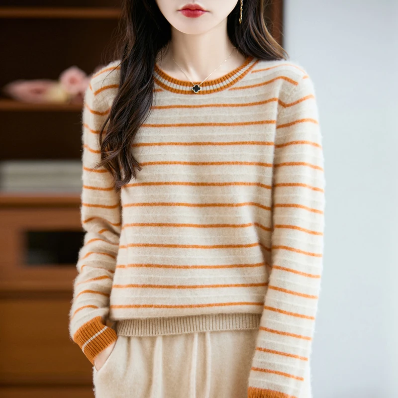 

Повседневный женский свитер из 100% шерсти, модные пуловеры в полоску, корейские свитера с длинными рукавами, базовые осенне-зимние теплые джемперы