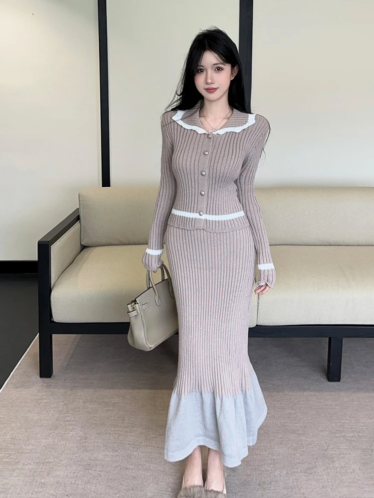 Korean Style Anti-Aging Long Sleeve Knitted Shirt Top with Pleated Skirt Two-Piece Set Single Button Color Block Versatile fo...