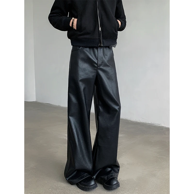 Men's Punk PU Leather Pants Black Wide-leg Zipper straight trousers Fashion Hipcool Windproof Mopping Trousers All-match view 2