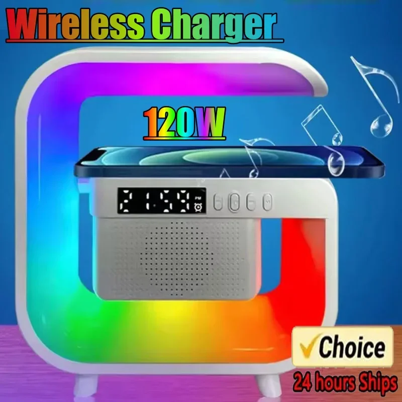 Multifunction Wireless Charger Stand Bluetooth 5.0 Speaker FM TF RGB Night Light Fast Charging Station for iPhone Samsung Xiaomi