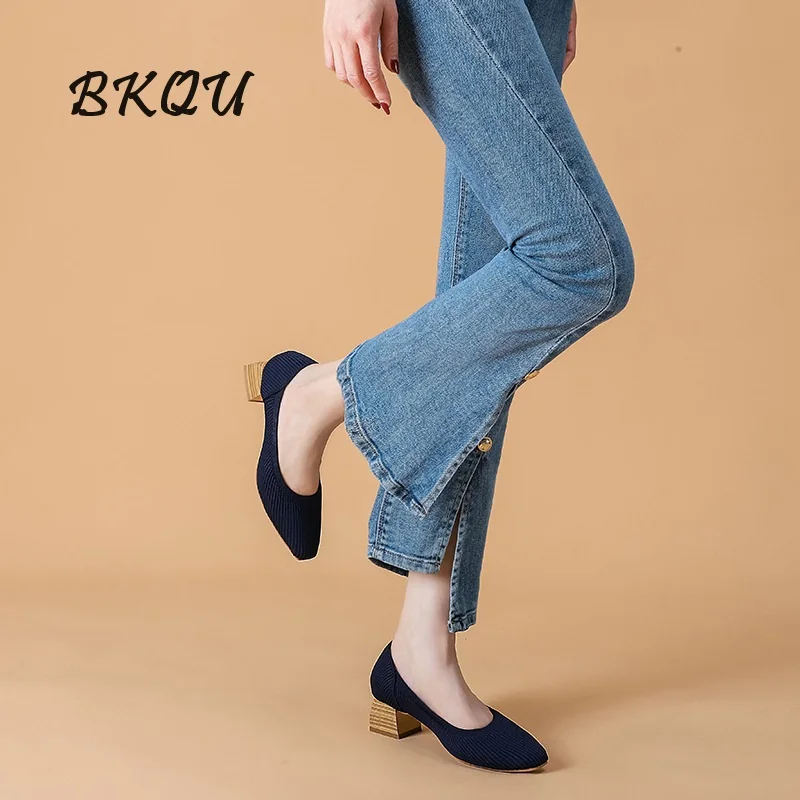 BKQU Fashion 2024 New Women\'s High Quality Square Heel Woven Matching Color Japanese Medium Heel Platform Shoes Knitted