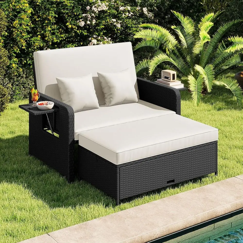 

Patio Rattan Daybed with Cushions, Outdoor Wicker Loveseat Soa with Storage Ottoman, 4-Level Adjustable Backrest, Bed Lounger or