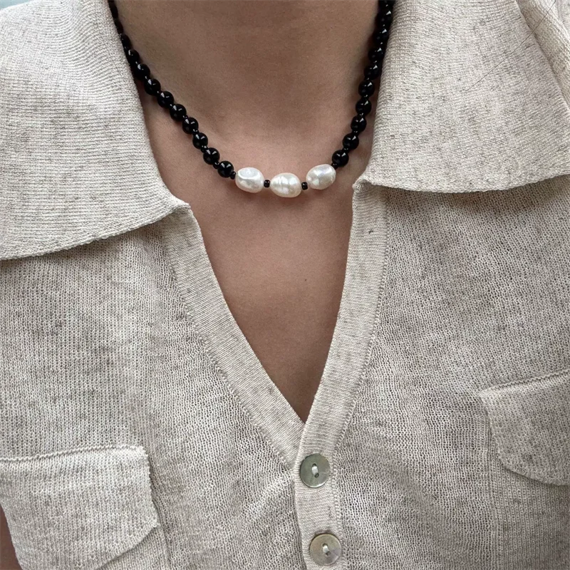 

Black Bead Freshwater Pearl Long Necklaces For Women Fashion New Wooden Circular Rope Chain Jewelry ожерелье на шею