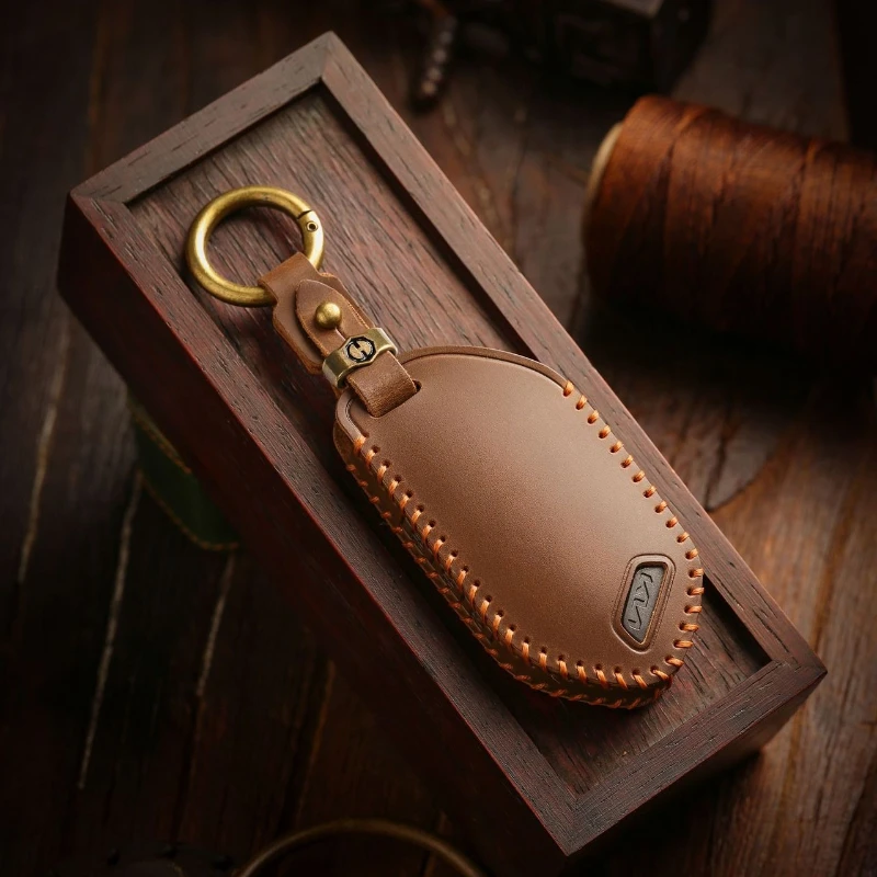 Fit for KIA New Smart Key Cover Genuine Leather Car Key Fob Case 5 6 7 8 9 Buttons Full Protection with Metal Ring