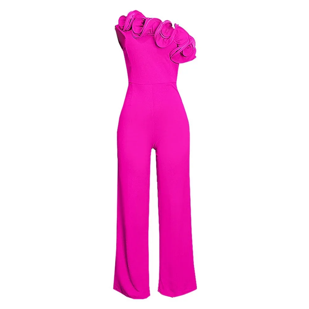 

Faionable Spring New Women's Svel Jumpsuit with Chest Flower Design Diagonal Collar Long Pants Polyester Fiber