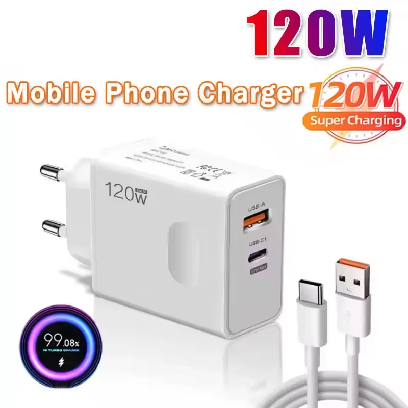 

120W 2 Ports USB A Charger Fast Charging Type C PD Phone Charger Adapter For iPhone Samsung Huawei Xiaomi EU/US/UK Plug Charger