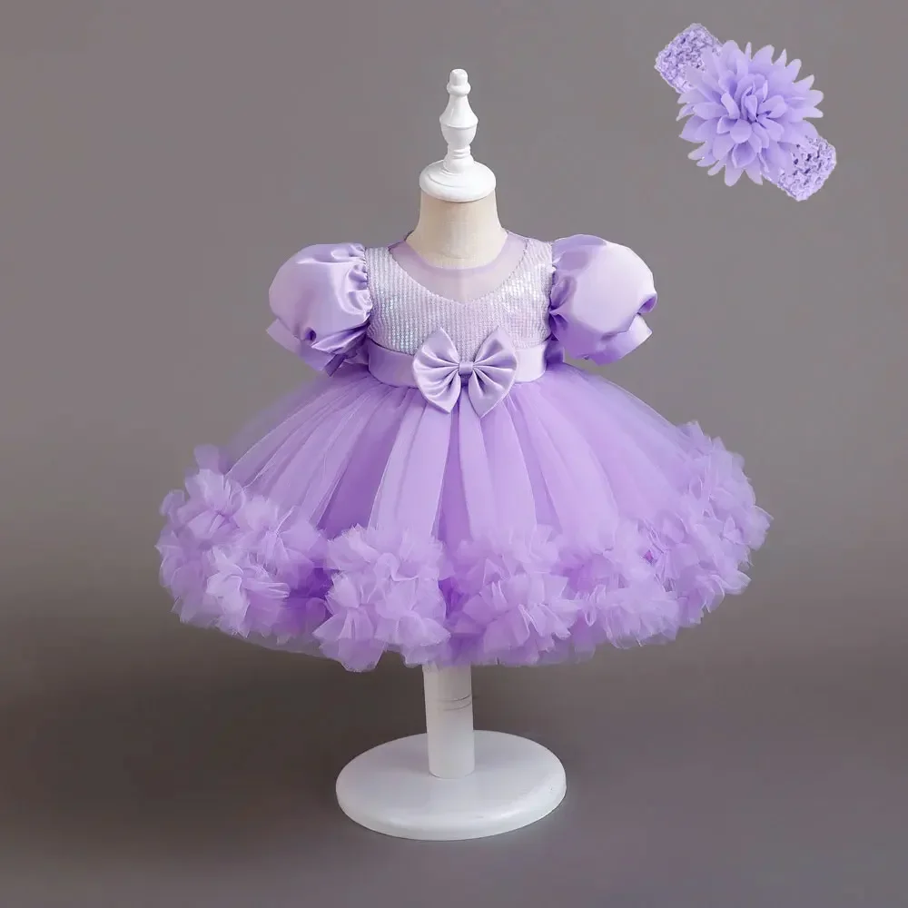 Purple Girl Kid's Dress Sequined Tutu First Birthday Party Wear Puff Sleeve Girl Princess Dress Christmas Ball Gown 1-6 Years