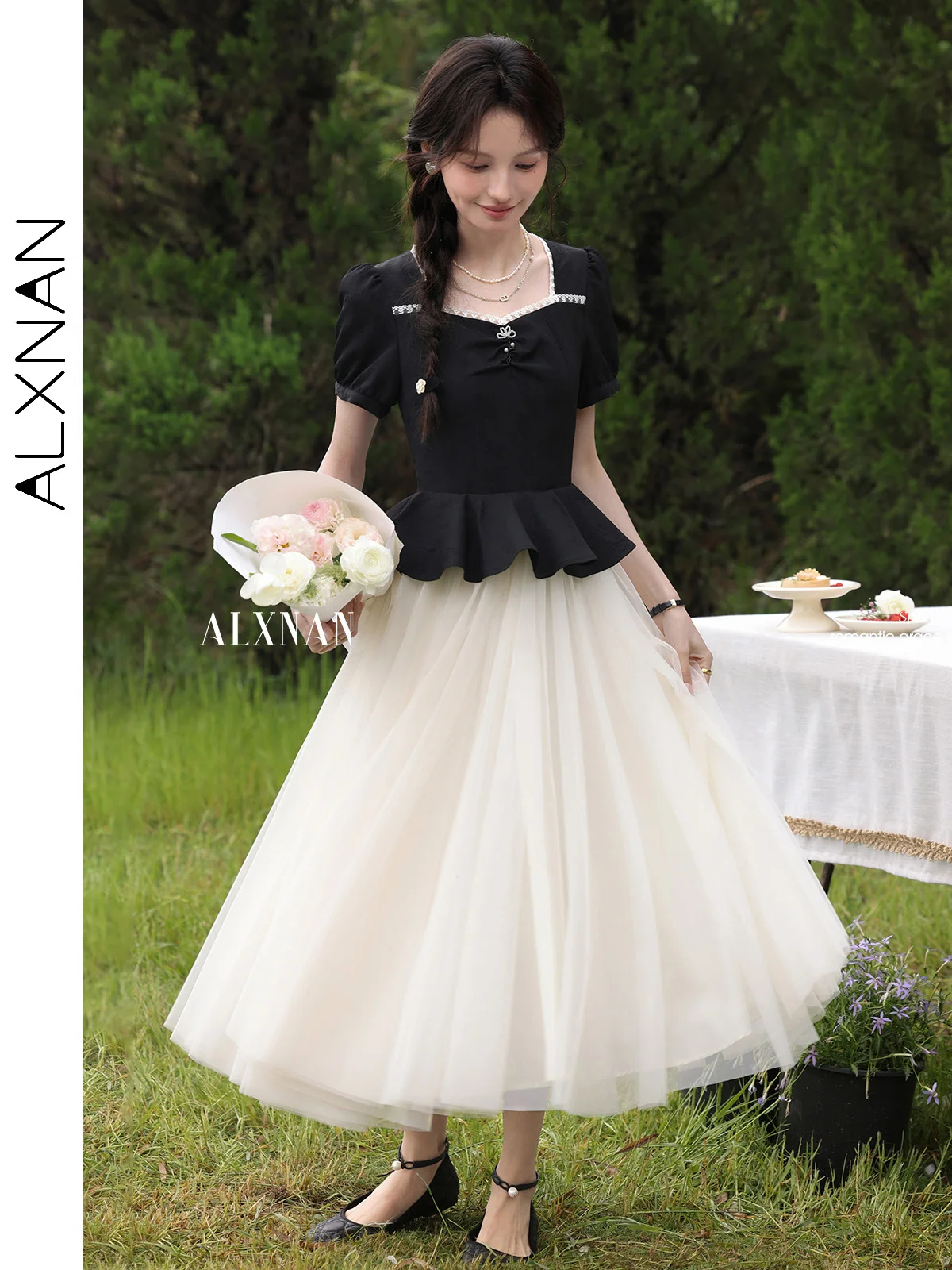 ALXNAN Lange damesjurk Elegant Zwart Wit Patchwork Midi-jurk 2025, Zomervakantie A-lijn Casual Dameskleding Nieuw L55667