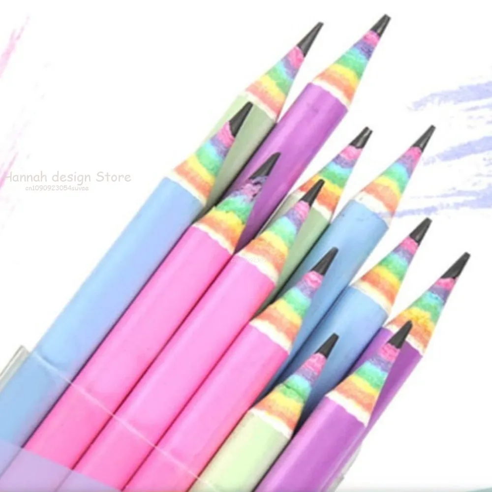 12pcs Rainbow Paper Pencil Set Children's Writing and Painting HB Professional Art Sketch Comic Pen Office School Supplies